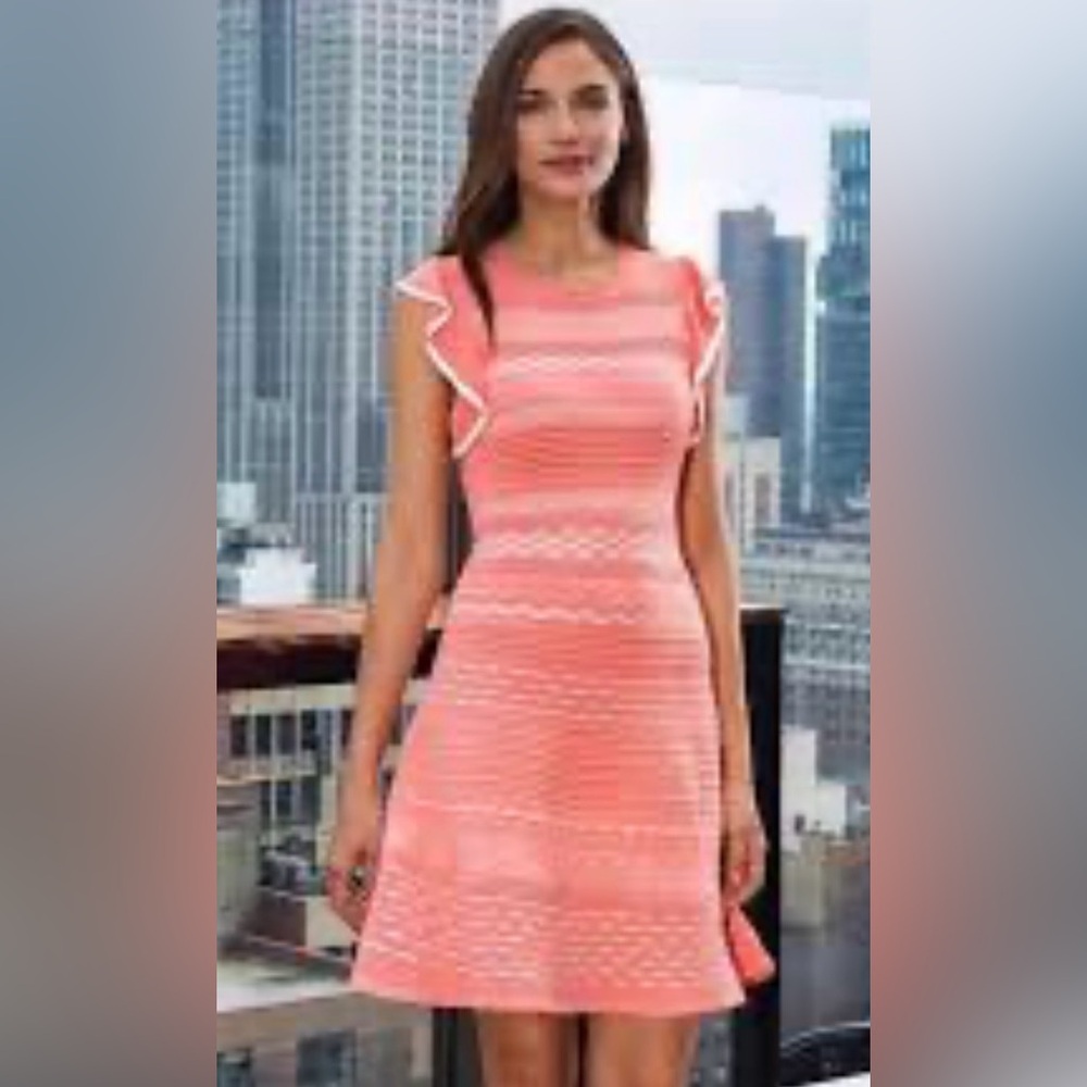 Shoshanna Flutter Sleeve Knit Nunzia A-line Mini Dress in Coral & Off White TB6